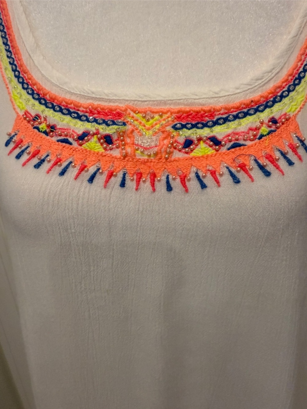 Fun & Flirt Embroidered Scoop Neck Rayon Tank Top - White with Neon Trim. Medium - Picture 2 of 7